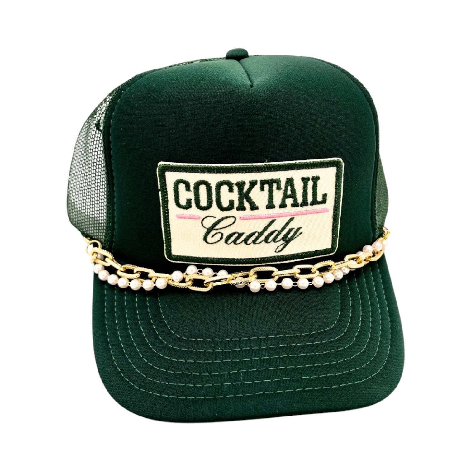 Green cap with 'Cocktail Caddy' patch and pearl chain on a white background
