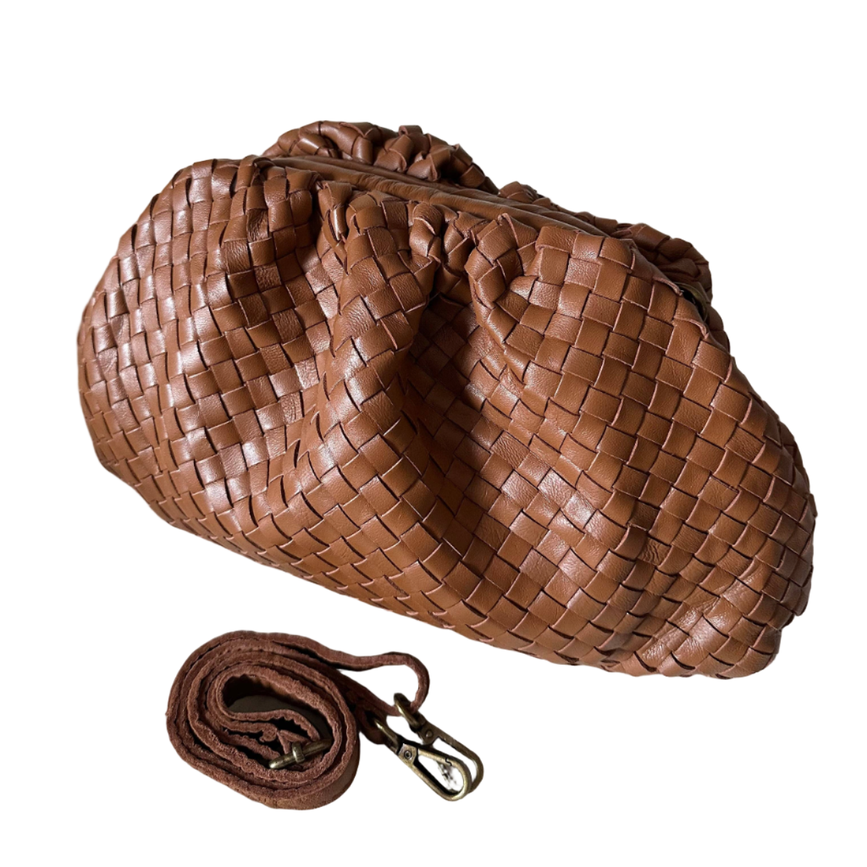 Cognac woven handbag with a matching strap on a white background
