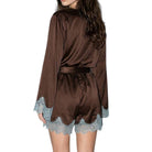 Brown satin romper with lace trim on a white background