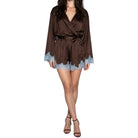 Brown satin romper with lace trim on a white background