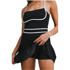 Black dress with white trim on a white background