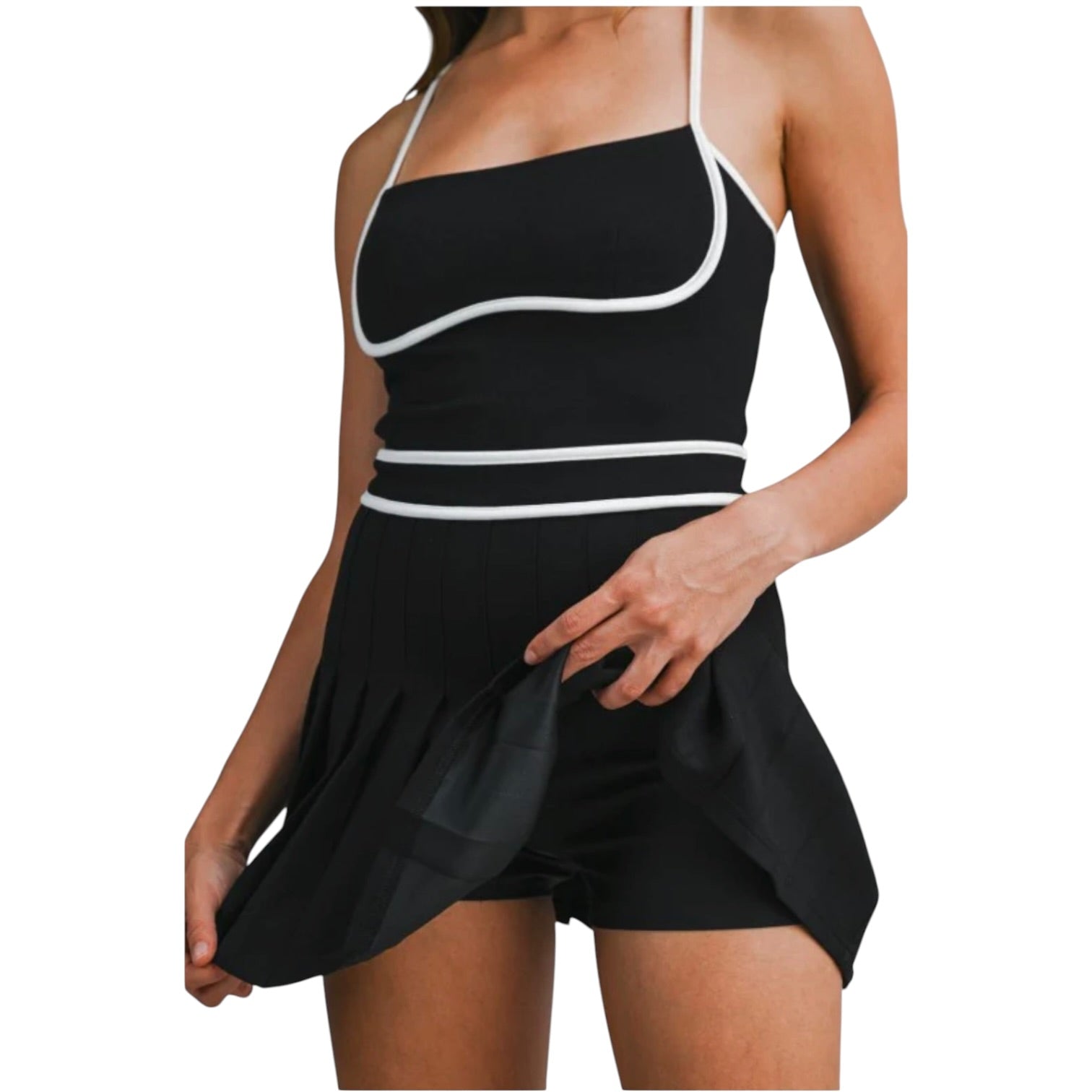 Black dress with white trim on a white background