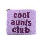 Purple beaded pouch with 'cool aunts club' text on a white background