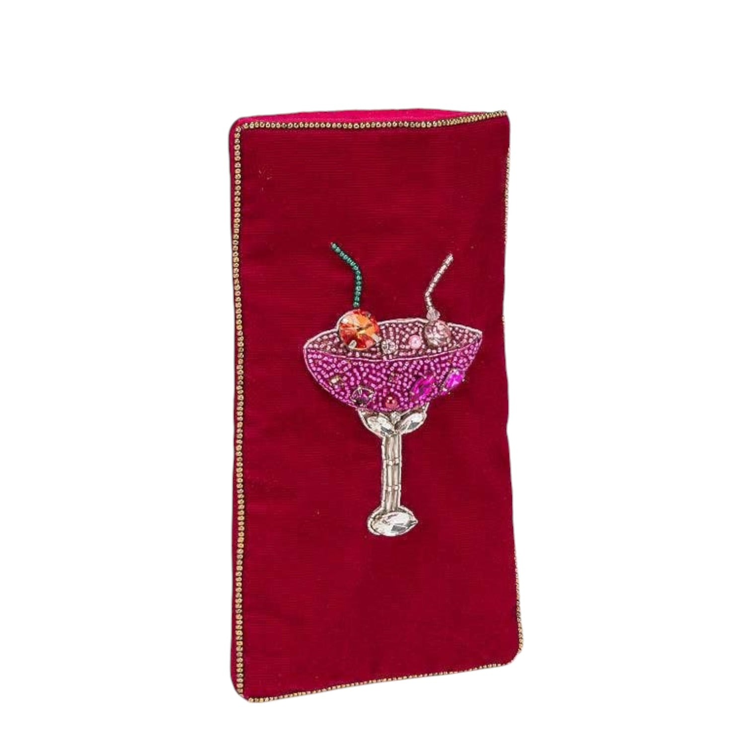 Red embroidered cocktail glass with a cherry on a white background