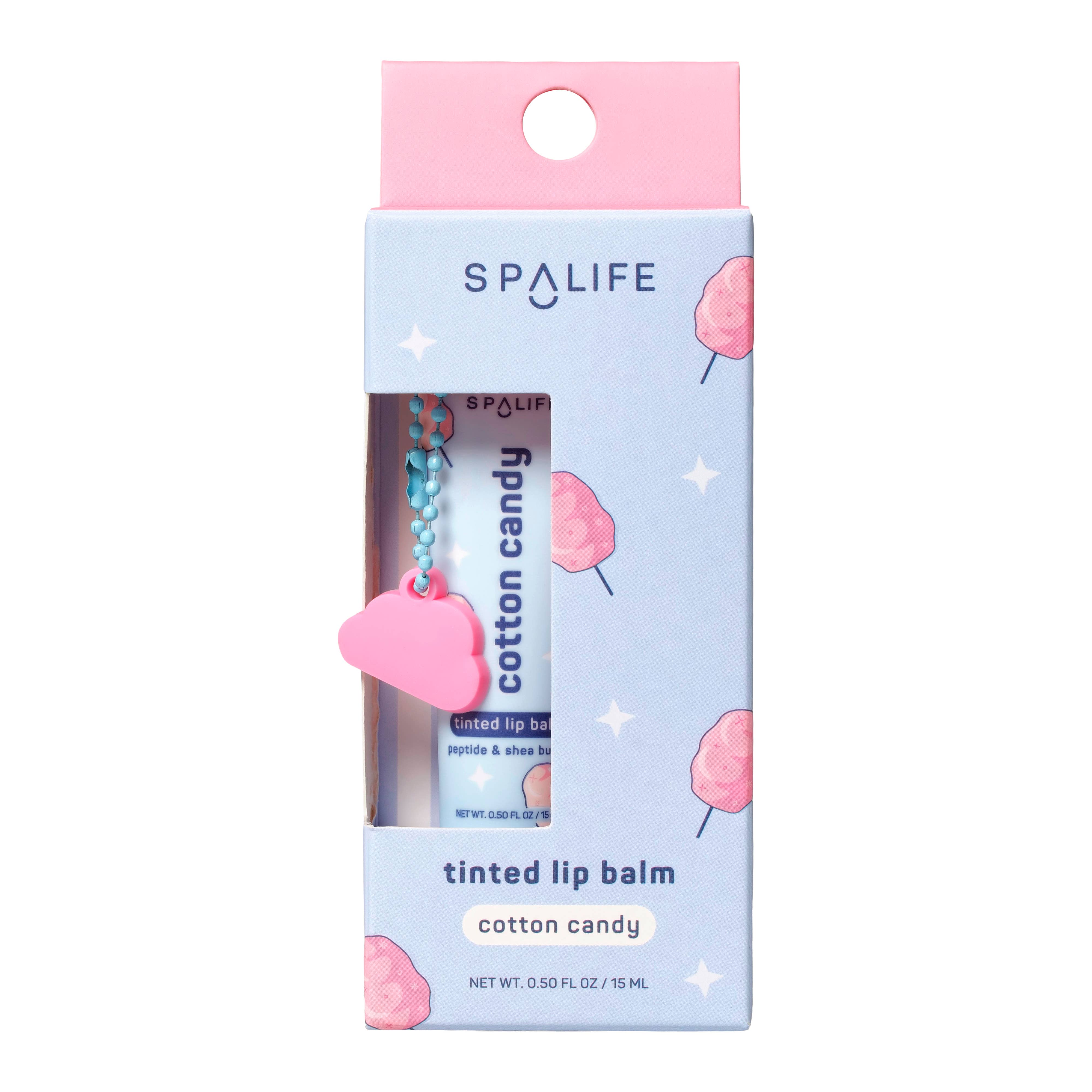 SpaLife cotton candy flavored lip balm packaging on a white background