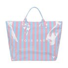 Tote bag with pink and blue striped pattern and 'TOTE BAG' text on a white background