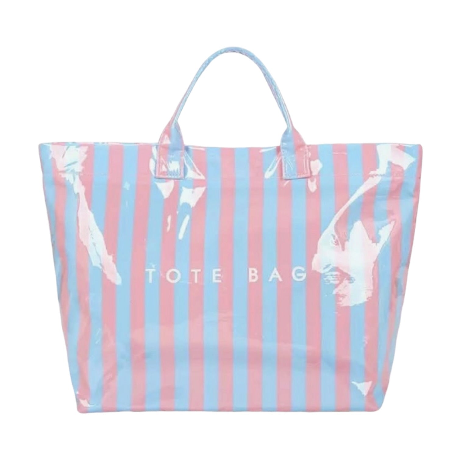 Tote bag with pink and blue striped pattern and 'TOTE BAG' text on a white background