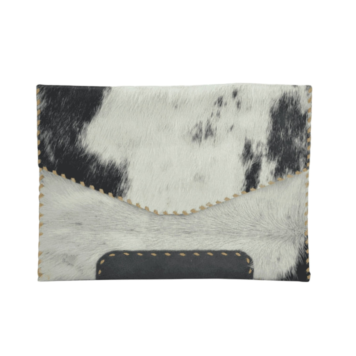 A rectangular envelope-style clutch bag made from black and white cowhide, featuring a stitched v-shaped fold-over flap and a dark gray faux-leather patch at the bottom, shown on a plain white background.