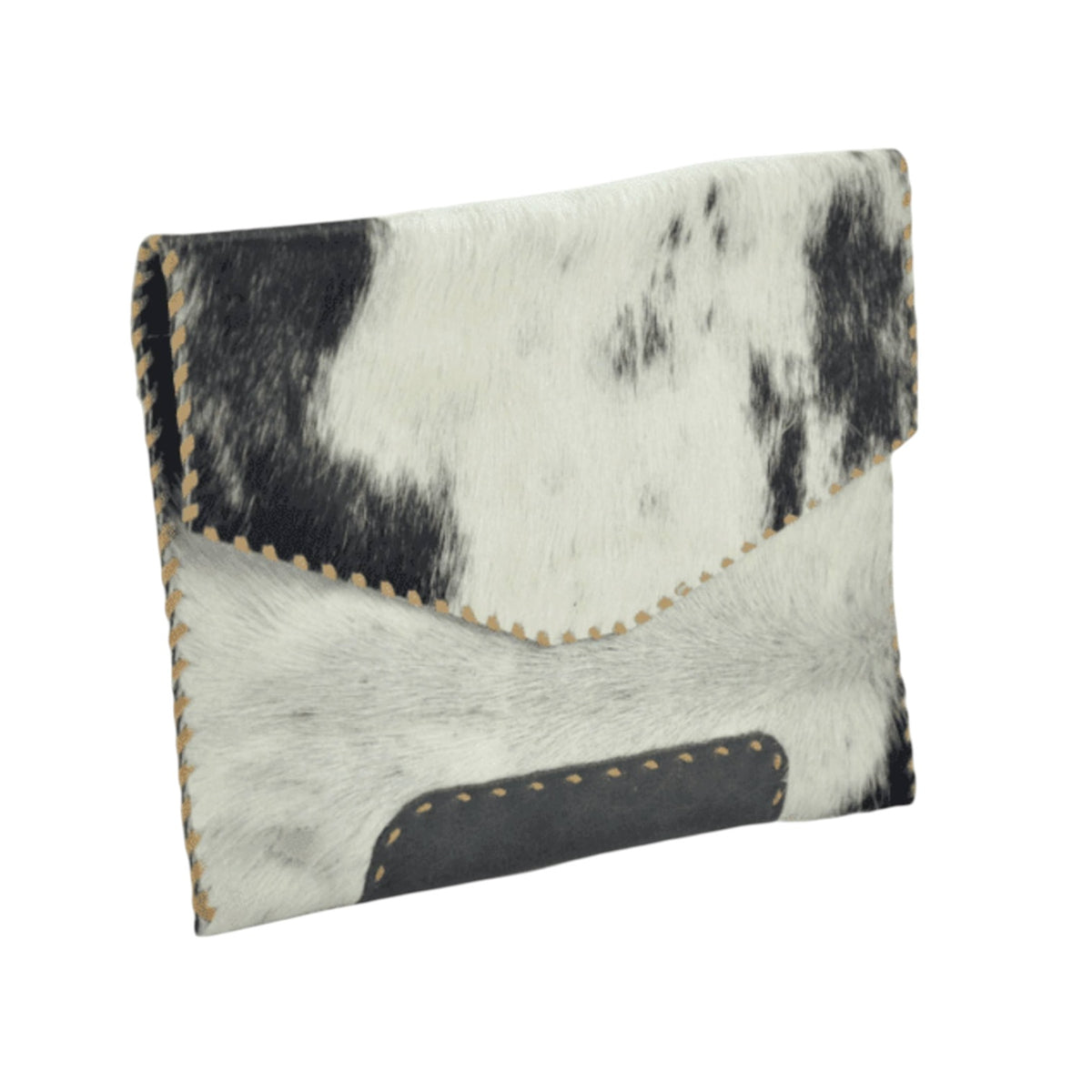 A small envelope-style clutch bag made from black-and-white cowhide, with visible tan stitching along the edges and a dark brown patch on the front, shown on a plain white background.