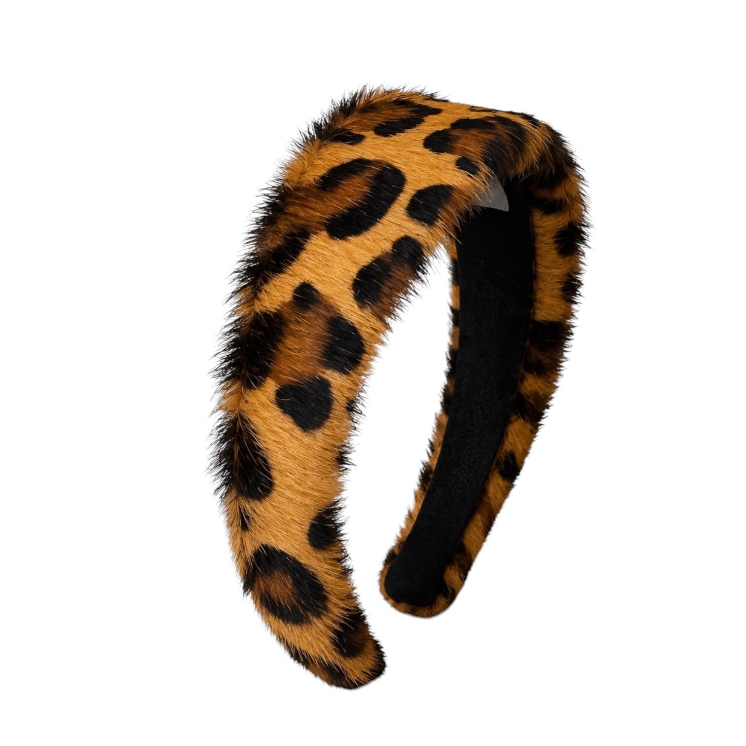 A fuzzy leopard-print headband with a brown and black pattern, shown on a plain white background.
