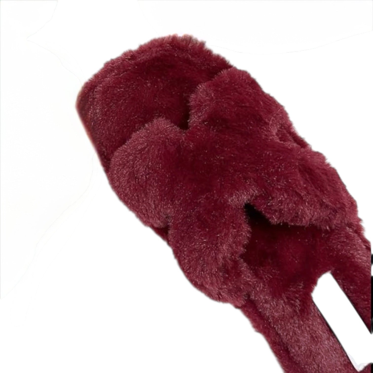 Maroon fluffy slide sandal on a white background