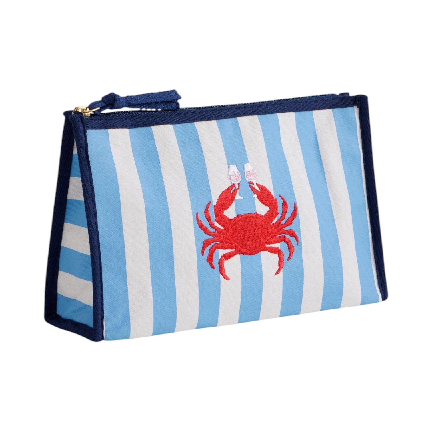 Striped pouch with a red crab design on a white background