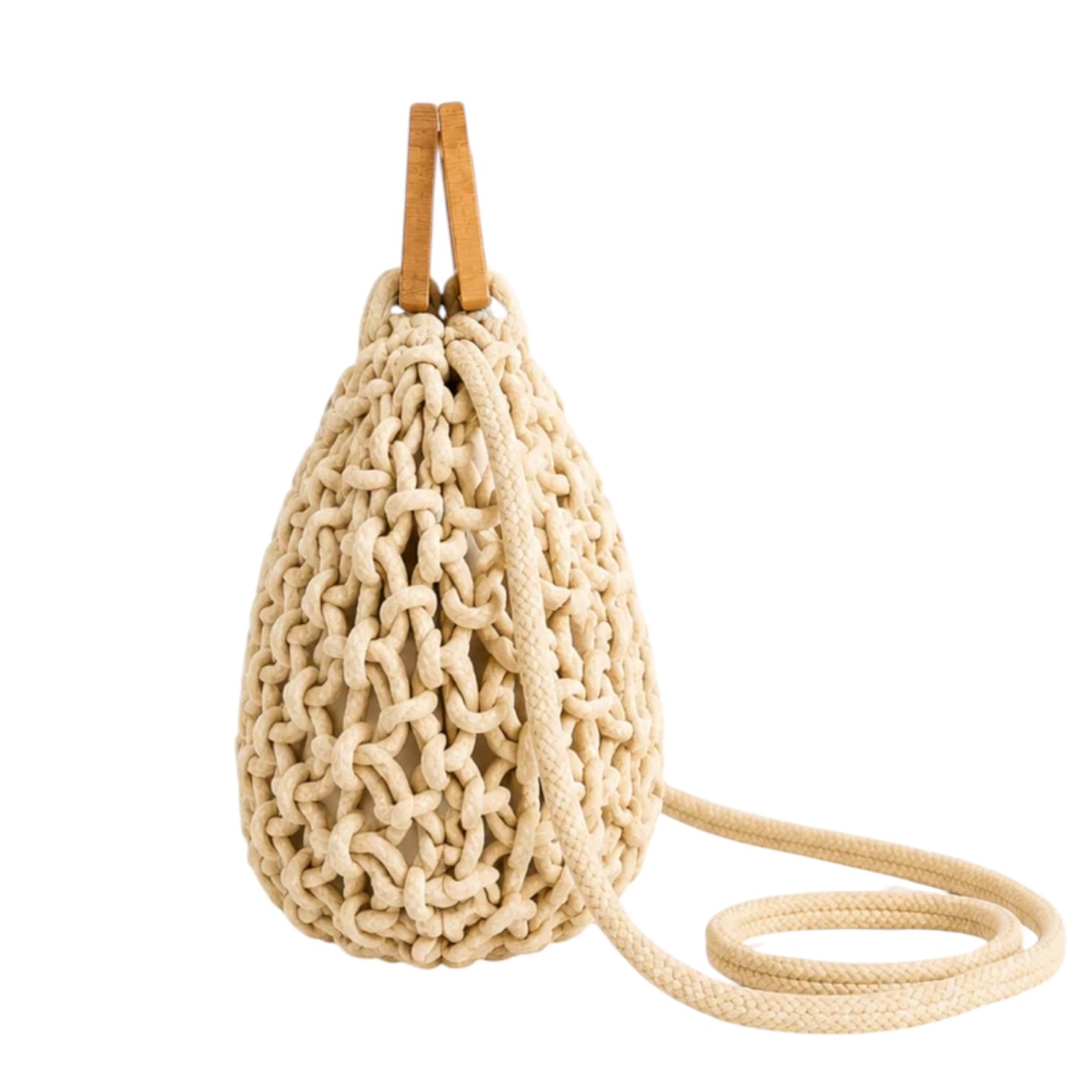 Beige woven handbag with a strap on a white background