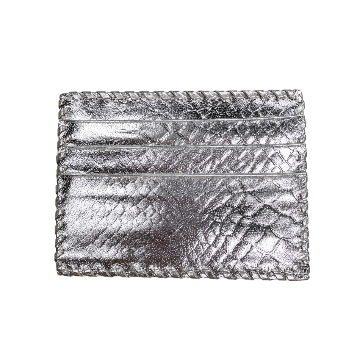 A silver metallic card holder wallet with a textured reptile skin pattern and braided edges, shown flat against a white background.