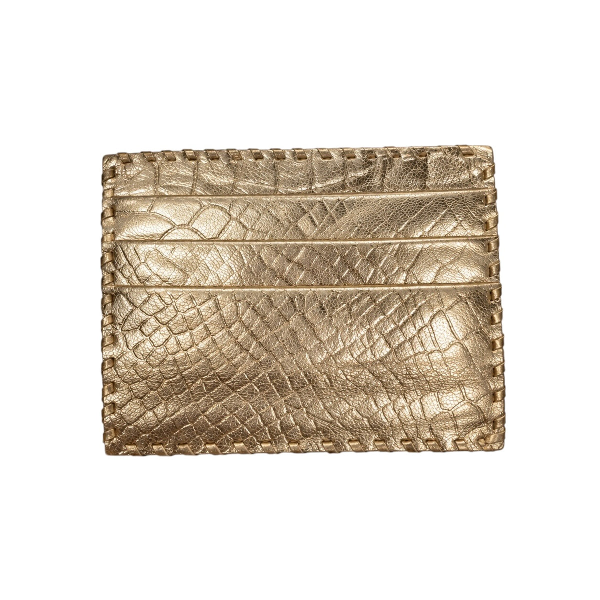 A gold metallic leather card holder with a crocodile-embossed texture and stitched edges, shown flat against a white background.