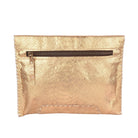 A metallic gold clutch bag with a textured python-style embossed pattern and a dark brown horizontal zipper, shown on a plain white background.