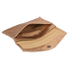 A tan reptile-textured leather pouch shown open, revealing a tan interior lining and a snap-button closure on the front flap, set against a plain white background.