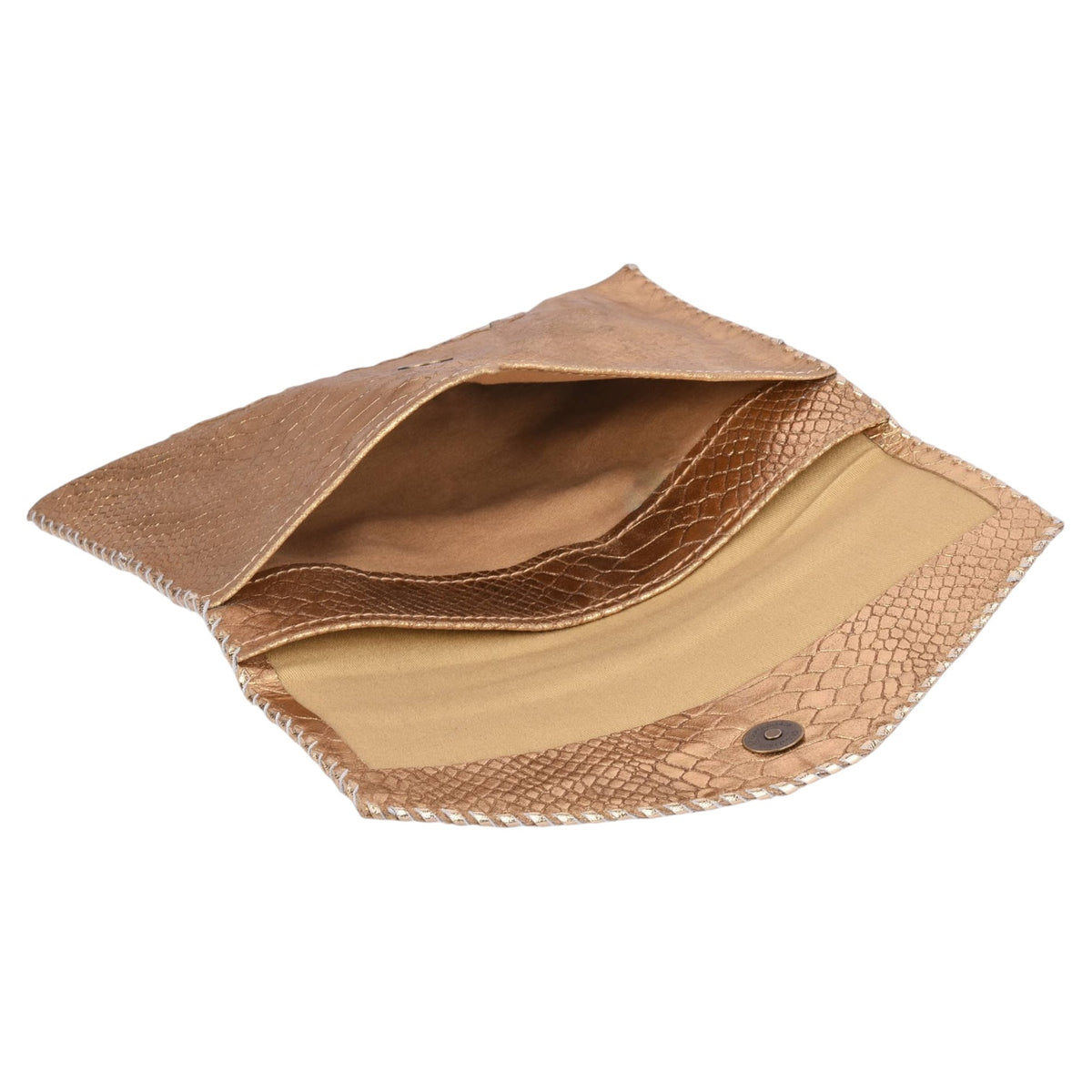 A tan reptile-textured leather pouch shown open, revealing a tan interior lining and a snap-button closure on the front flap, set against a plain white background.
