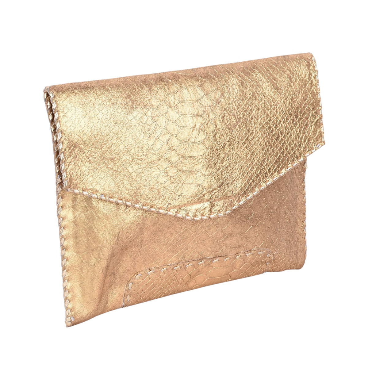 A metallic gold leather clutch wallet with a textured, reptile-like pattern and contrast white stitching, shown on a plain white background.