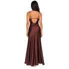 A woman shown from the back wearing a floor-length satin slip dress in a deep brown color, featuring thin spaghetti straps and an open back design, set against a plain white background.