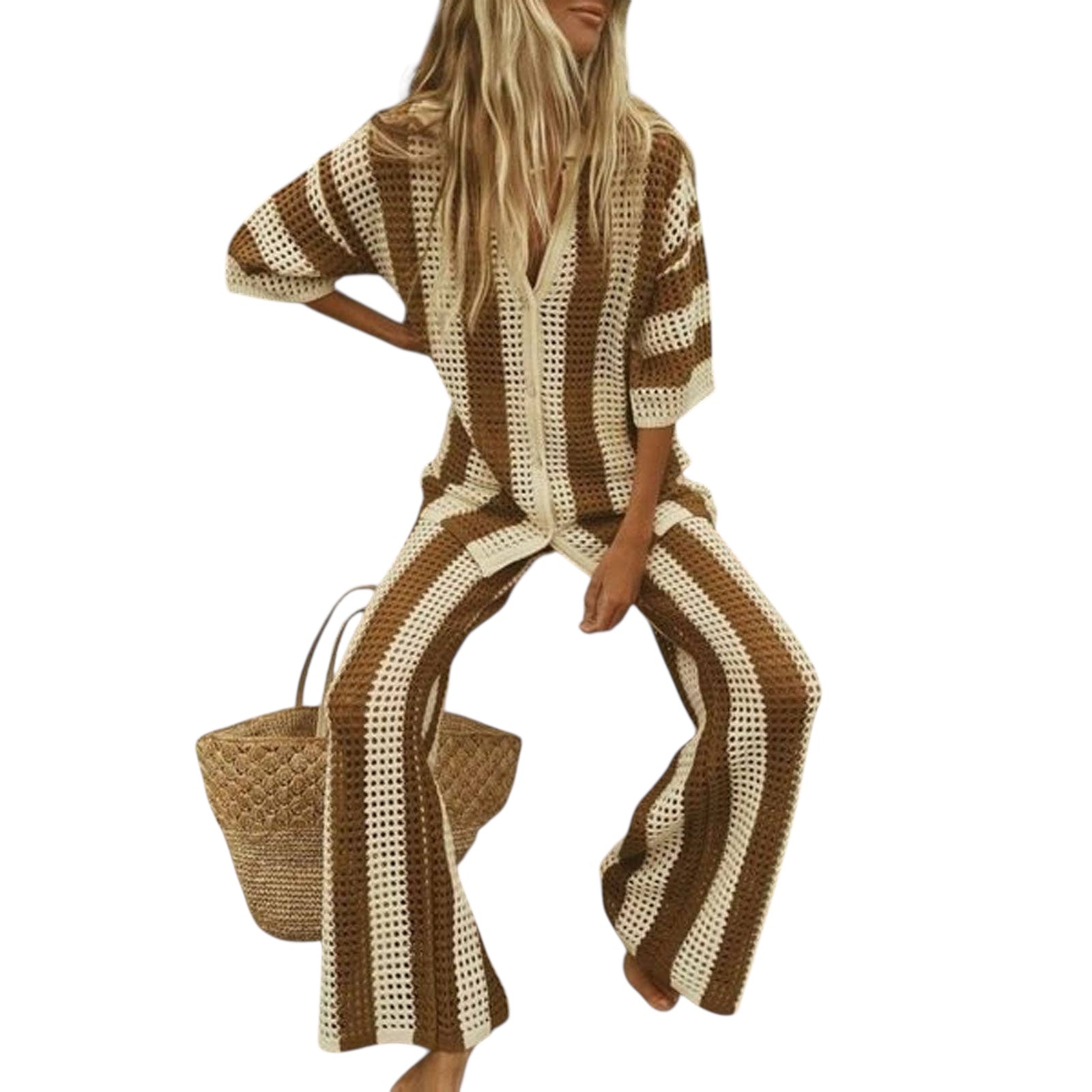 Woman wearing a brown and white striped crochet cover-up with a woven bag on a white background
