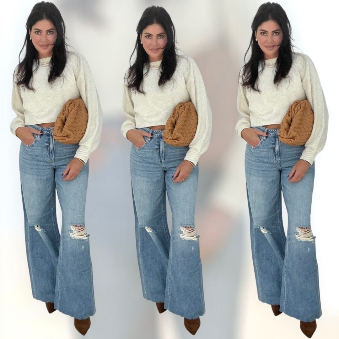 Three identical images of a woman wearing a white sweater, brown bag, and blue jeans on a plain background.