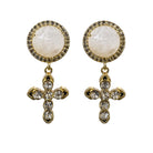 A pair of gold-toned drop earrings featuring round milky white stone studs surrounded by small dark stones, with matching gold cross pendants set with clear rhinestones, shown on a plain white background.
