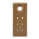 Set of gold cross earrings on a brown card with a gold ring.