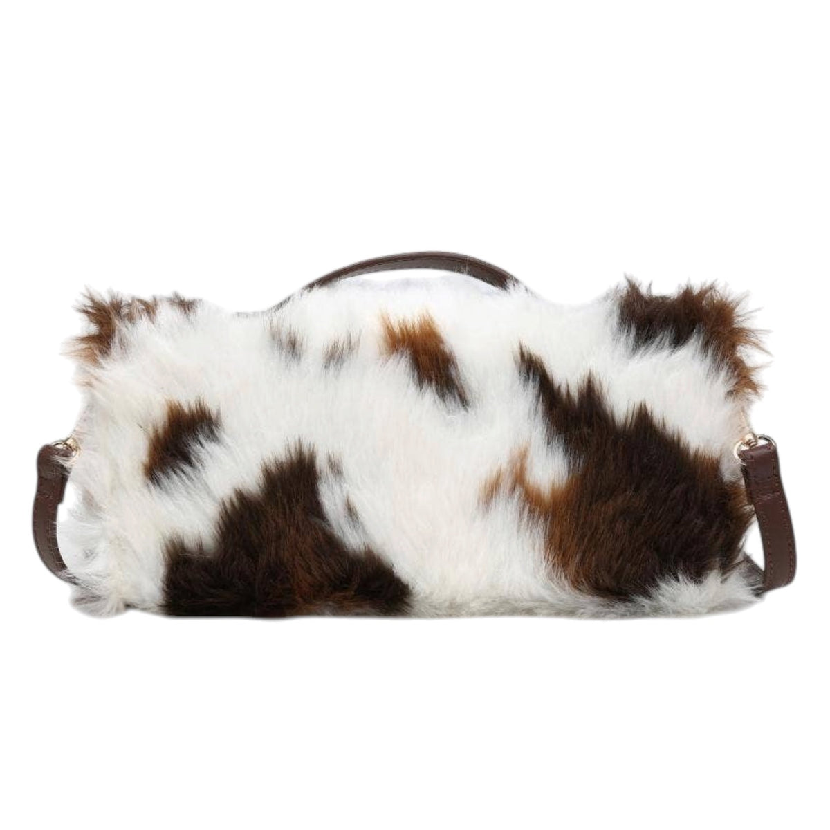 A cowhide shoulder bag with a brown and white spotted pattern and a dark brown leather handle and strap, shown against a plain white background.
