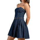 Denim strapless dress on a white background