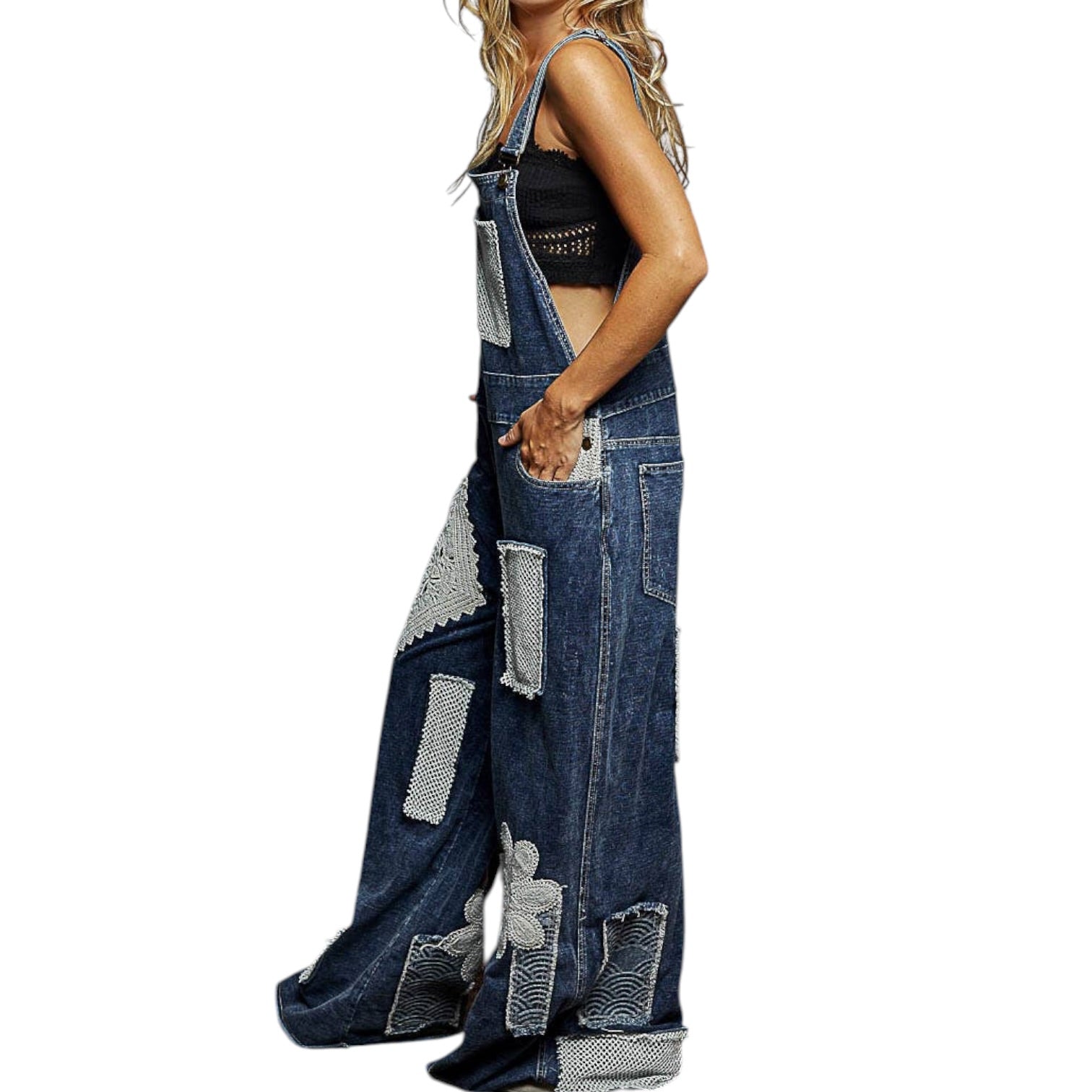 Dark Denim Patchwork Crochet Overalls – Alicia DiMichele Boutique