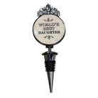 A novelty wine bottle stopper featuring a round cream-colored face with the text 'WORLD'S BEST DAUGHTER' in black, topped with a silver floral crown and a silver metal stopper below.