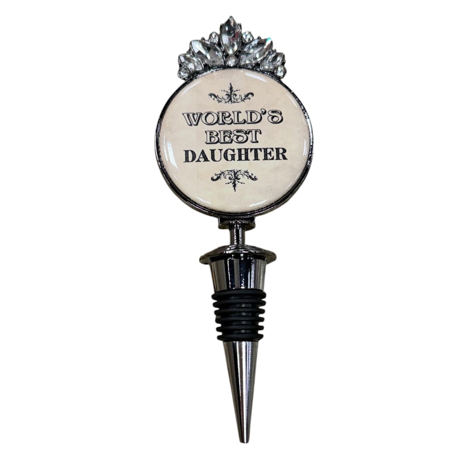 A novelty wine bottle stopper featuring a round cream-colored face with the text 'WORLD'S BEST DAUGHTER' in black, topped with a silver floral crown and a silver metal stopper below.