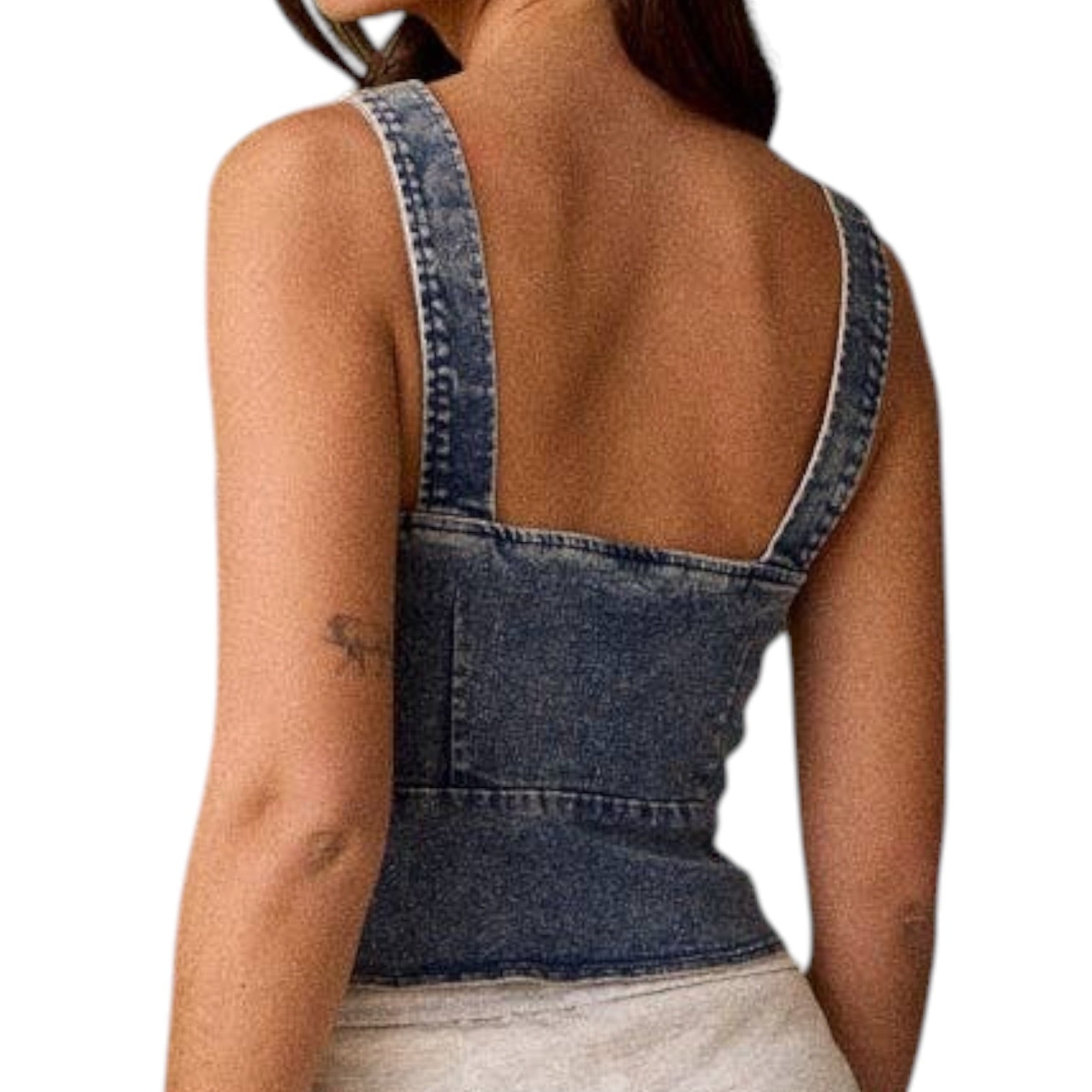 woman wearing denim lace-up corset top on white background