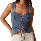 woman wearing denim lace-up corset top on white background