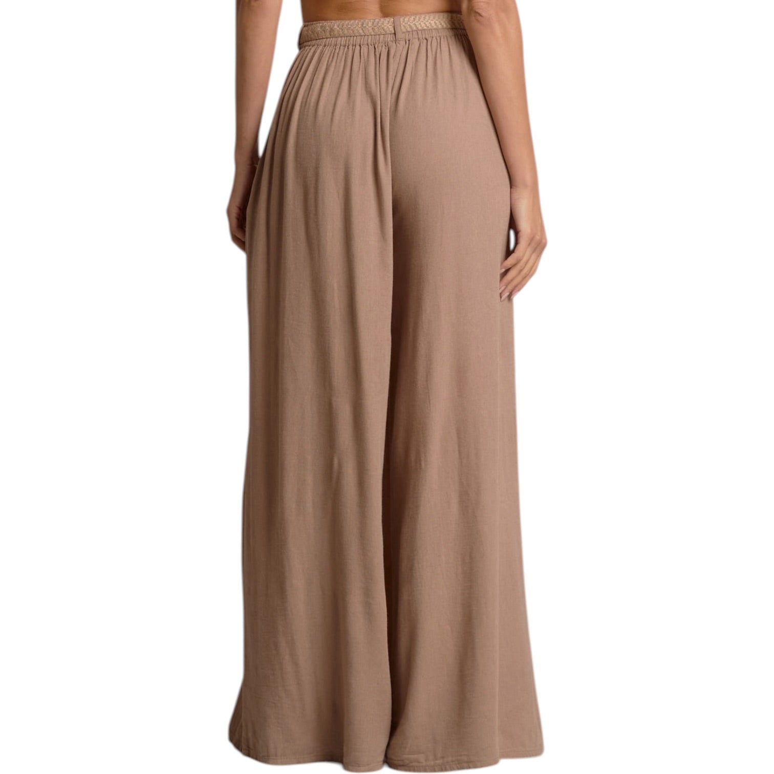 Brown wide-leg pants worn by a person on a white background