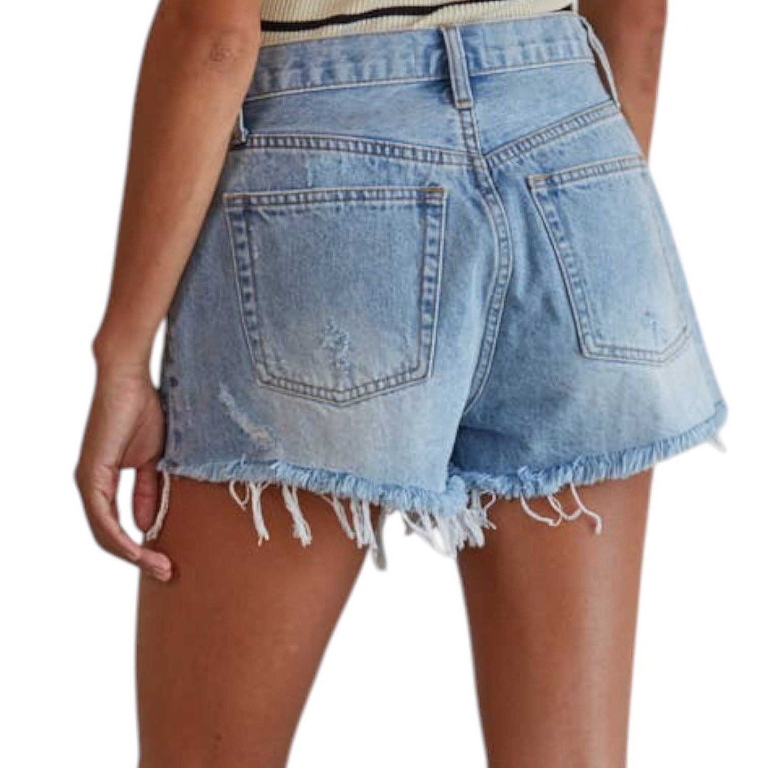 Light blue denim shorts with frayed edges on a white background