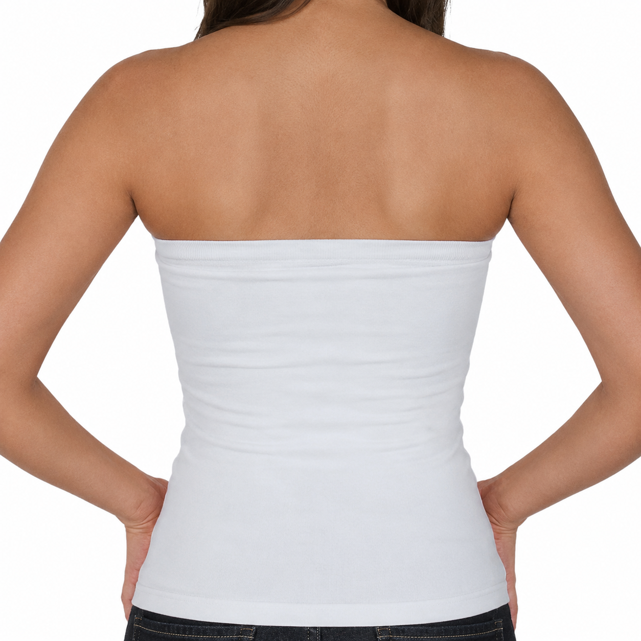 A woman shown from the back wearing a plain white strapless bandeau-style top against a light gray studio background.