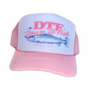 Pink and white cap with 'DTF Down To Fish' text and fish graphic on a white background