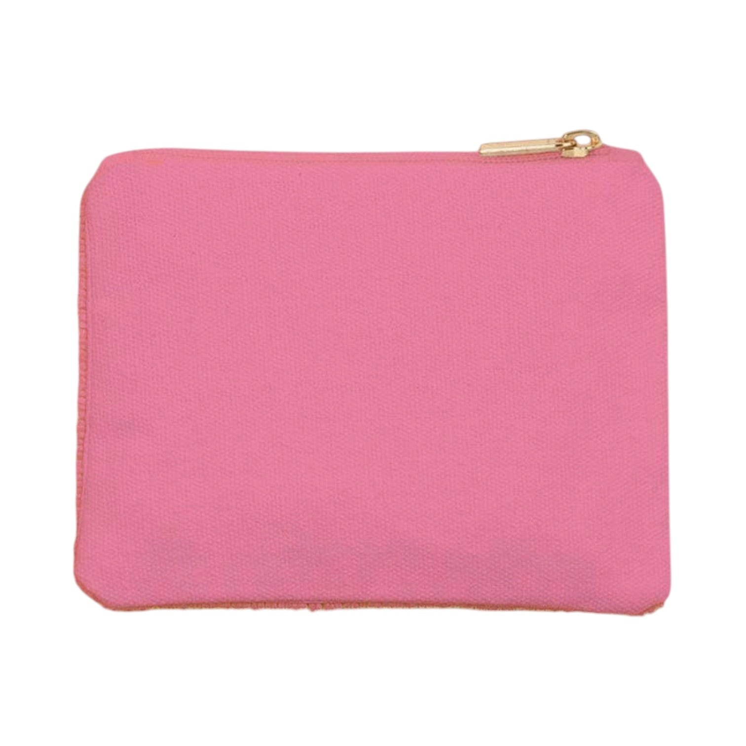 Pink pouch with a gold zipper on a white background