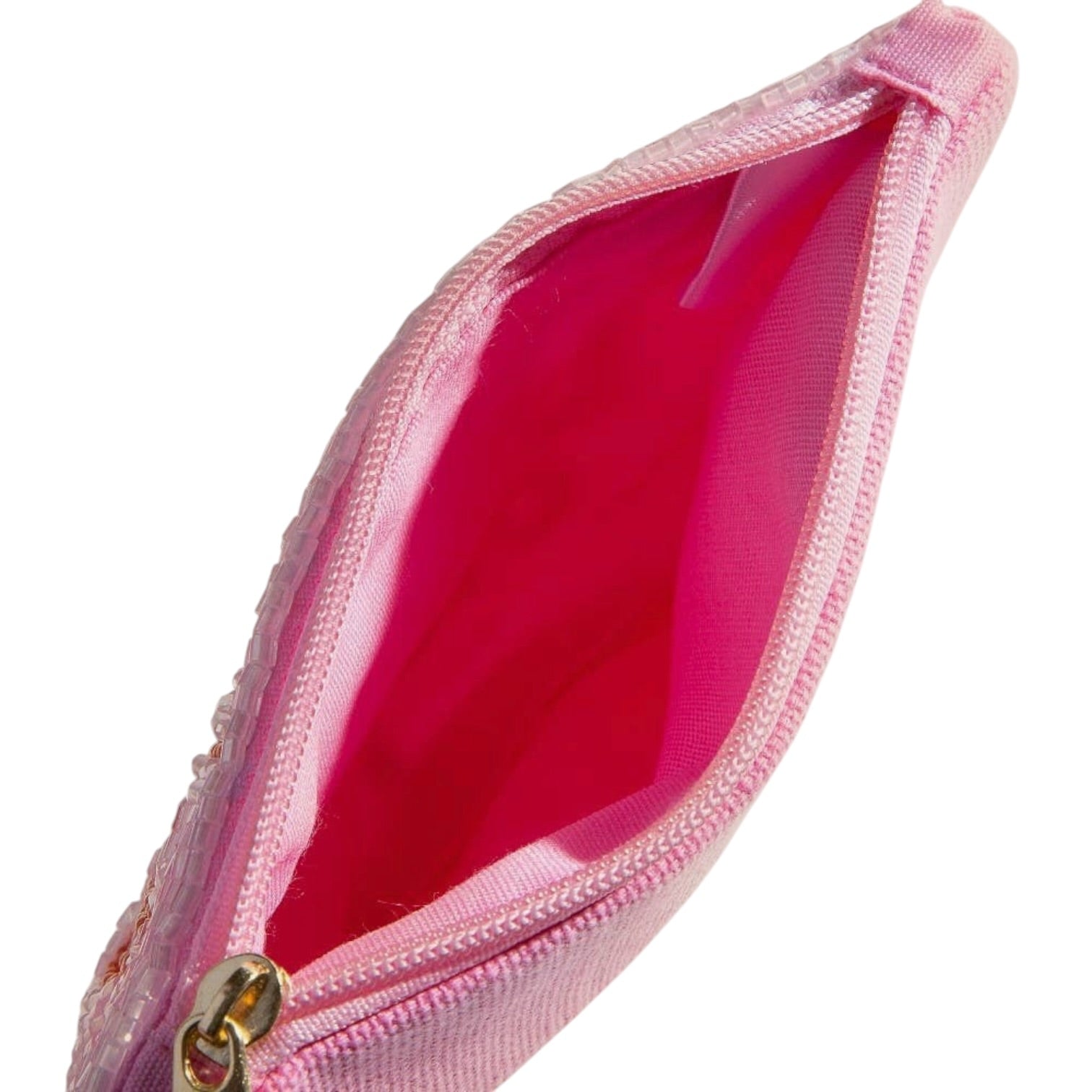 Pink pouch with gold zipper on a white background