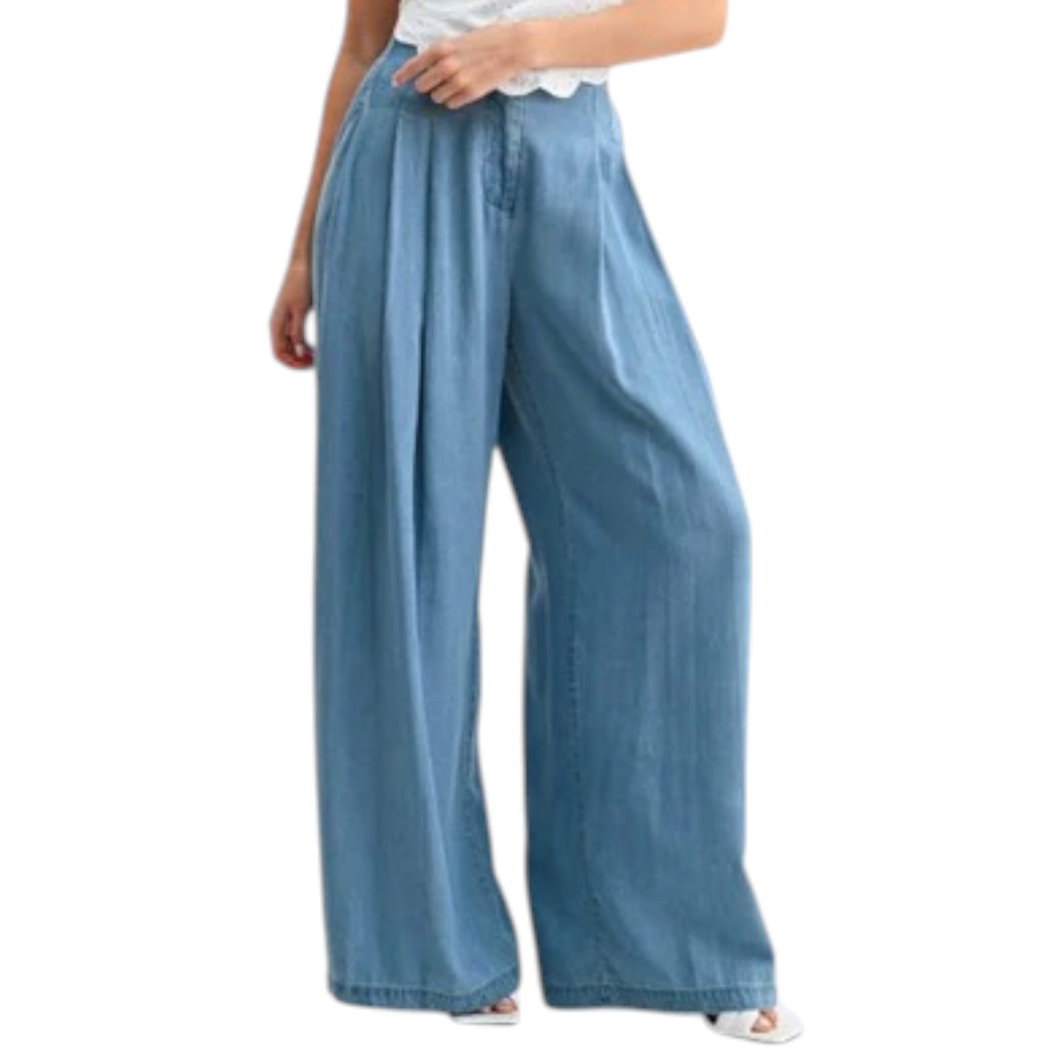 Blue wide-leg pants worn by a person on a white background