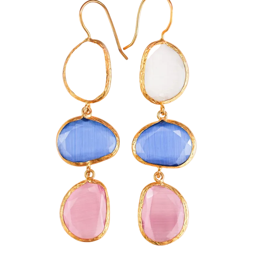 Gold-framed earrings with blue and pink stones on a white background