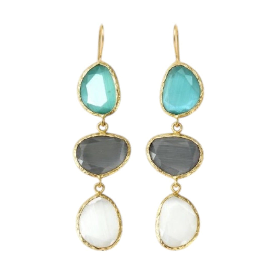 Pair of earrings with multicolored stones on a white background