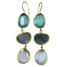 Set of three-tiered earrings with blue, gray, and white stones on a white background