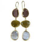 Set of gold earrings with multicolored gemstones on a white background
