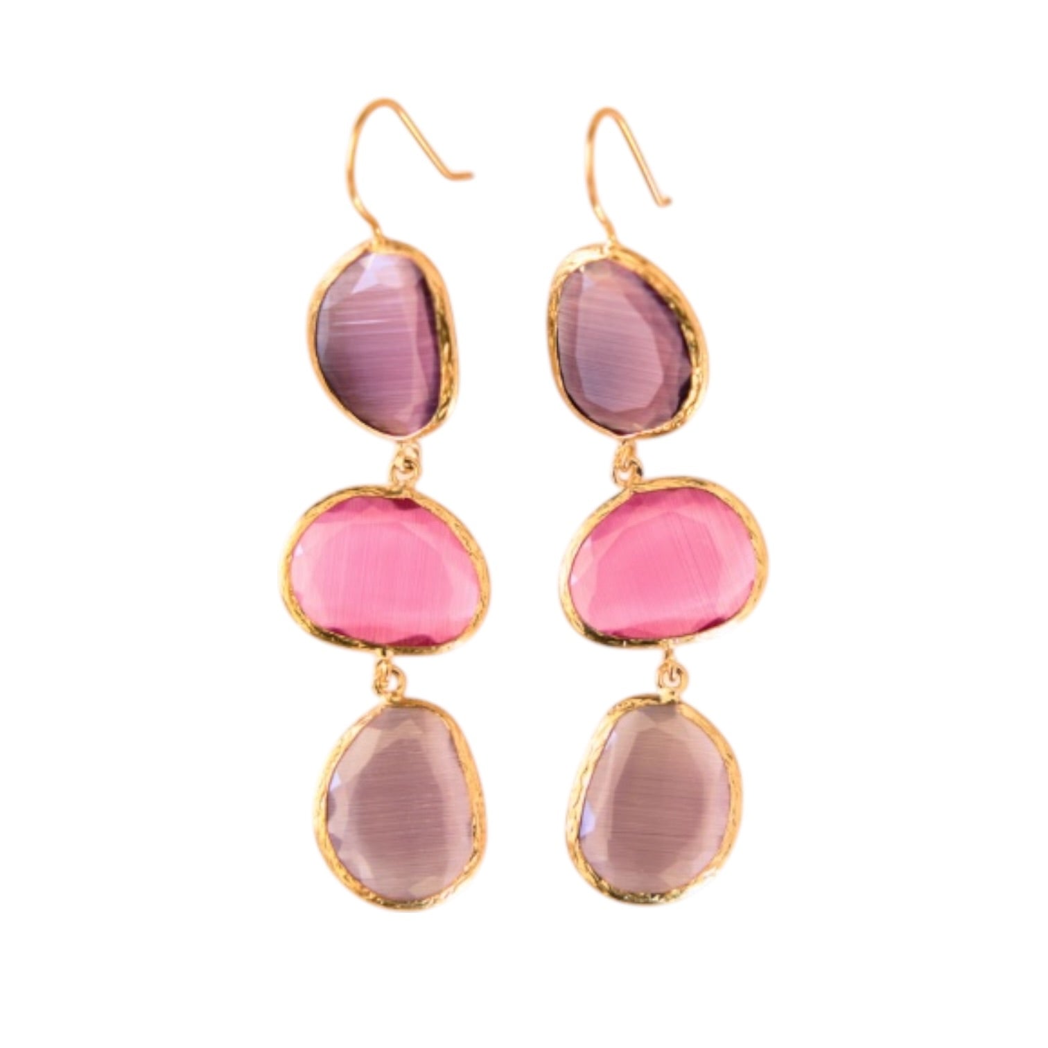 Purple teardrop earrings with gold accents on a white background