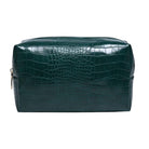 A dark green crocodile-embossed leather cosmetic pouch with a gold zipper pull, shown against a plain white background.