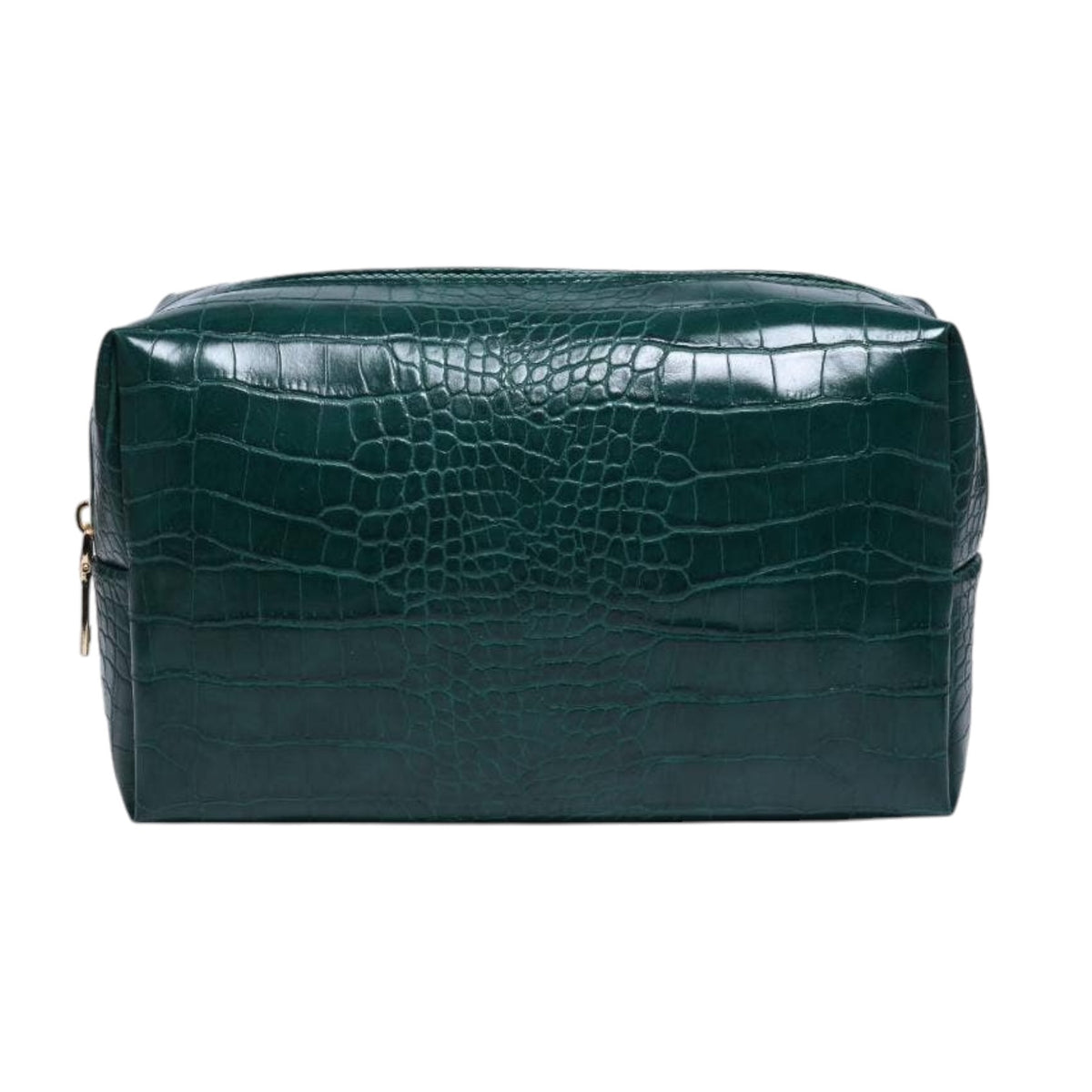 A dark green crocodile-embossed leather cosmetic pouch with a gold zipper pull, shown against a plain white background.