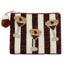 Striped pouch with martini glass design and pom-pom on a white background